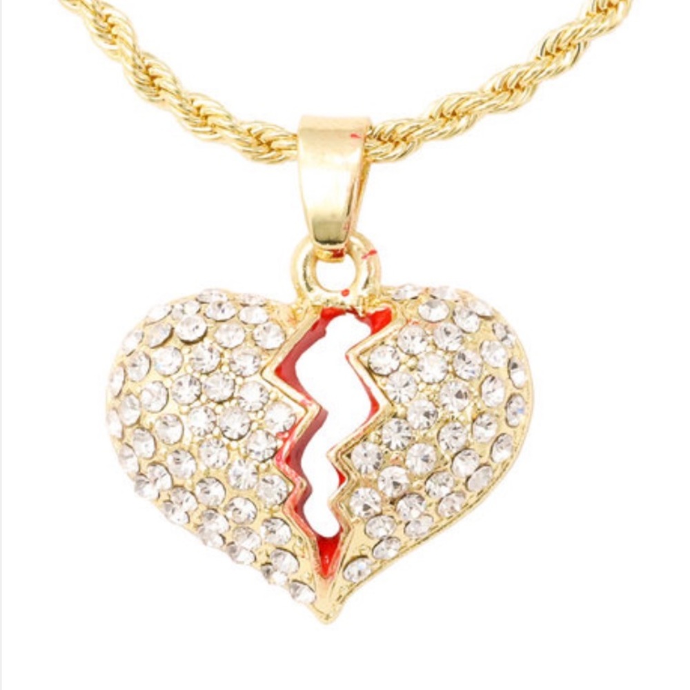 Iced out broken heart hip hop pendant on 24 inch gold plated rope chain
